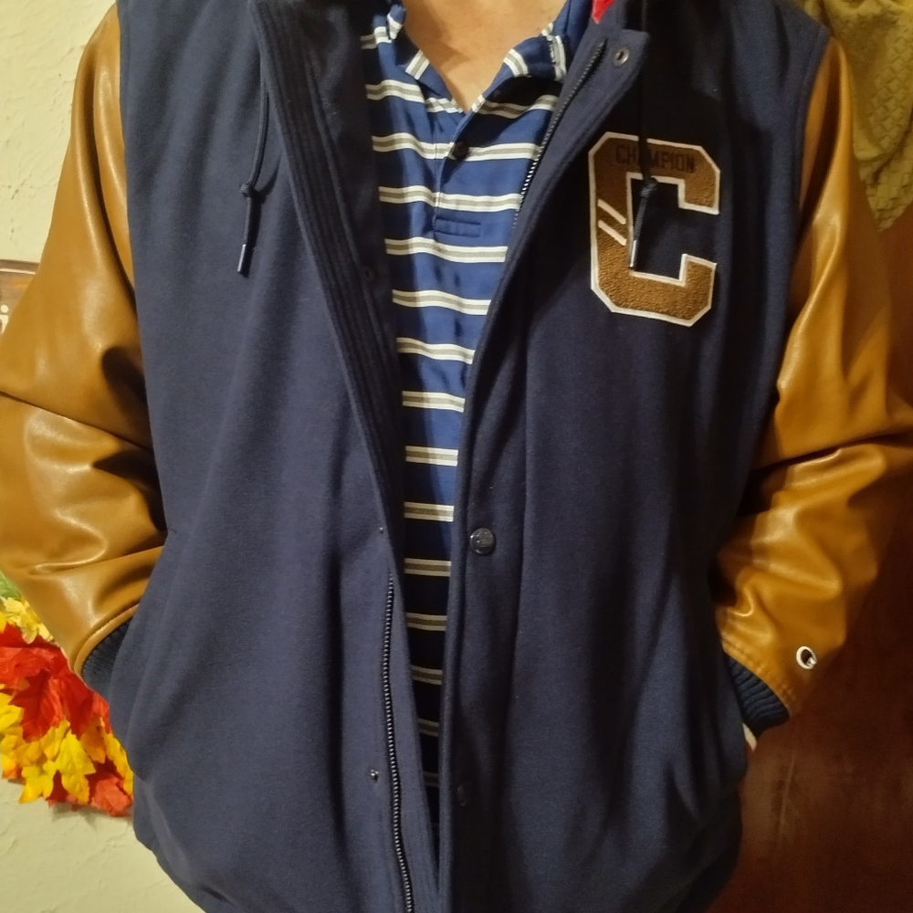 Champion Varsity Patch Hoody Jacket XL Navy/Tan – Mixed Media Wool & PU Leather
